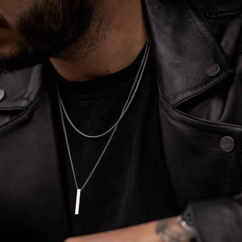 Men’s 3D Vertical Bar Necklace – Stainless Steel Geometric Pendant with Layered Wheat Rope & Cuban Chain