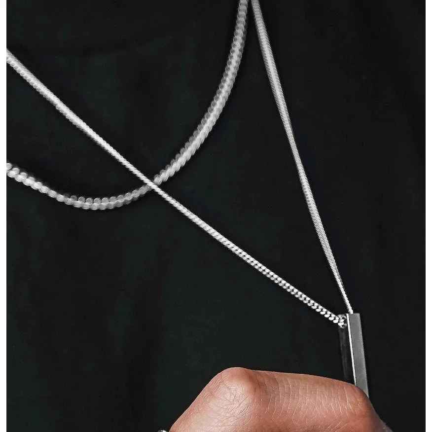 Men’s 3D Vertical Bar Necklace – Stainless Steel Geometric Pendant with Layered Wheat Rope & Cuban Chain