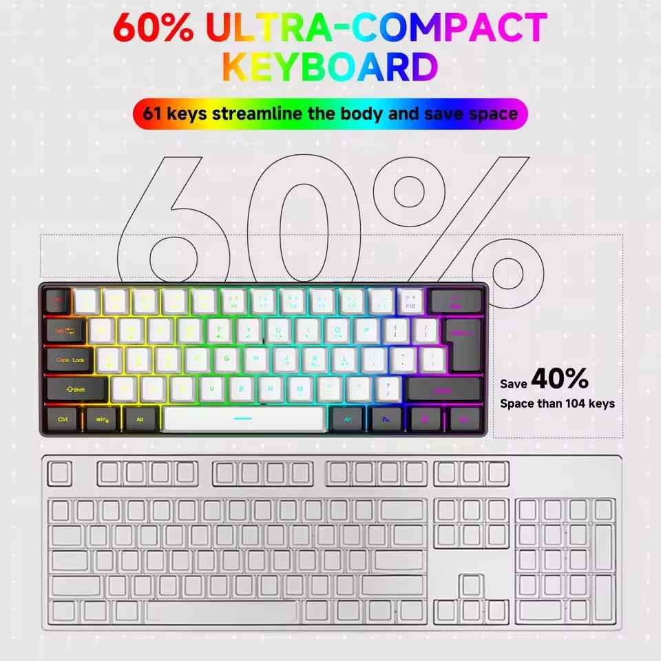 K61 Mini Mechanical Gaming Keyboard – 61 Keys, Phantom RGB Backlight, Wired USB-C (Red/Blue Switch)