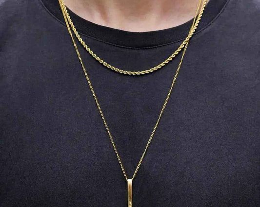 Men’s 3D Vertical Bar Necklace – Stainless Steel Geometric Pendant with Layered Wheat Rope & Cuban Chain