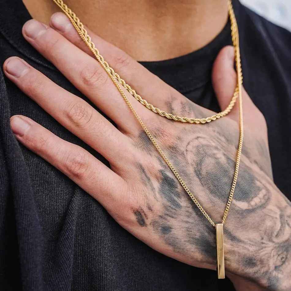 Men’s 3D Vertical Bar Necklace – Stainless Steel Geometric Pendant with Layered Wheat Rope & Cuban Chain