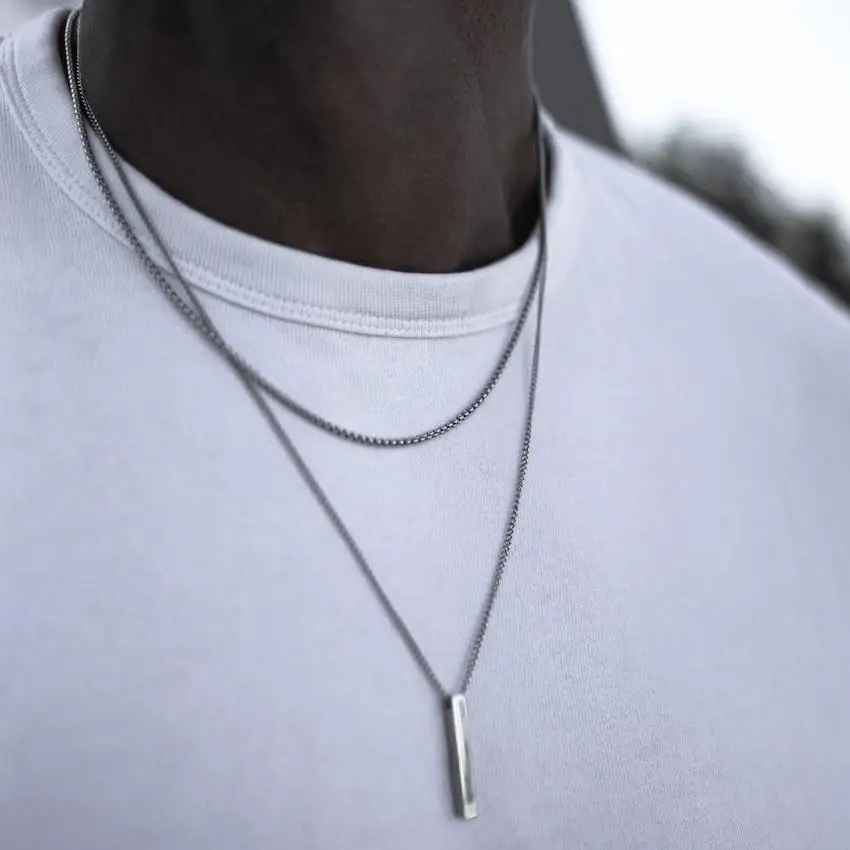 Men’s 3D Vertical Bar Necklace – Stainless Steel Geometric Pendant with Layered Wheat Rope & Cuban Chain