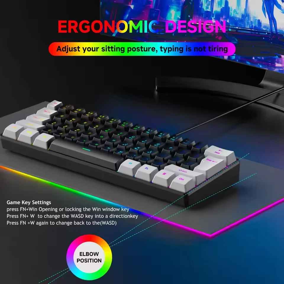 K61 Mini Mechanical Gaming Keyboard – 61 Keys, Phantom RGB Backlight, Wired USB-C (Red/Blue Switch)