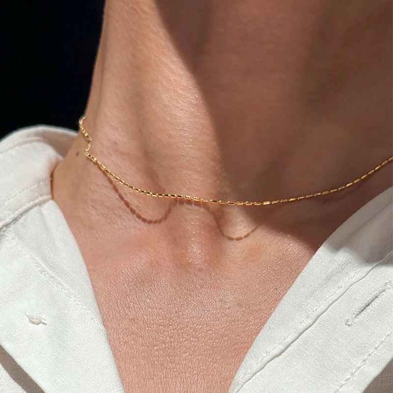 925 Sterling Silver Geometric Bead Choker Necklace – Delicate Collarbone Chain for Women