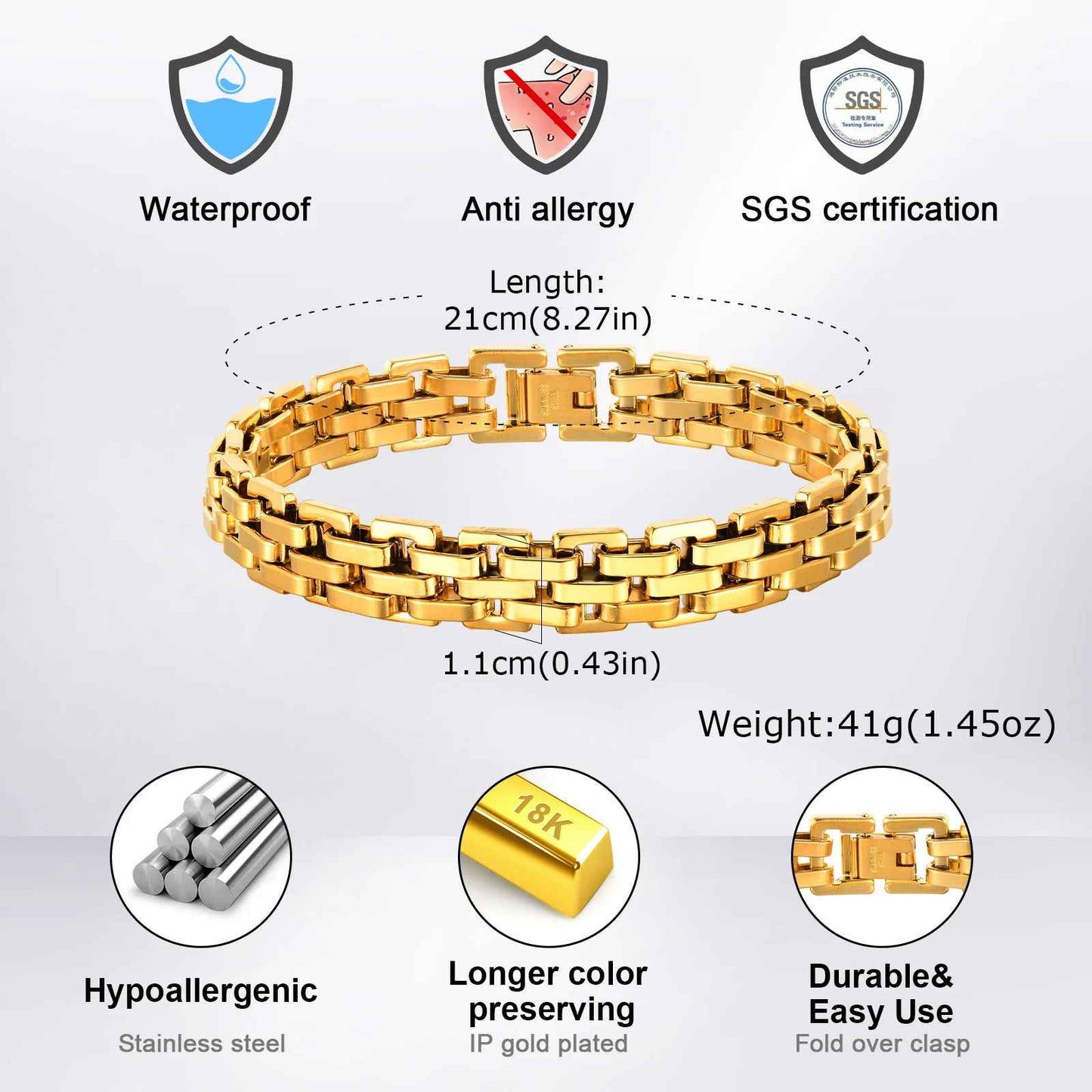 Gold Stainless Steel Chunky Chain Bracelet for Men – Hip Hop Rock Punk Wristband Jewelry