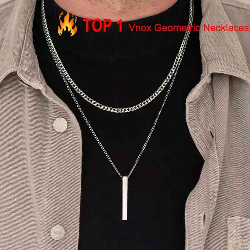 Men’s 3D Vertical Bar Necklace – Stainless Steel Geometric Pendant with Layered Wheat Rope & Cuban Chain