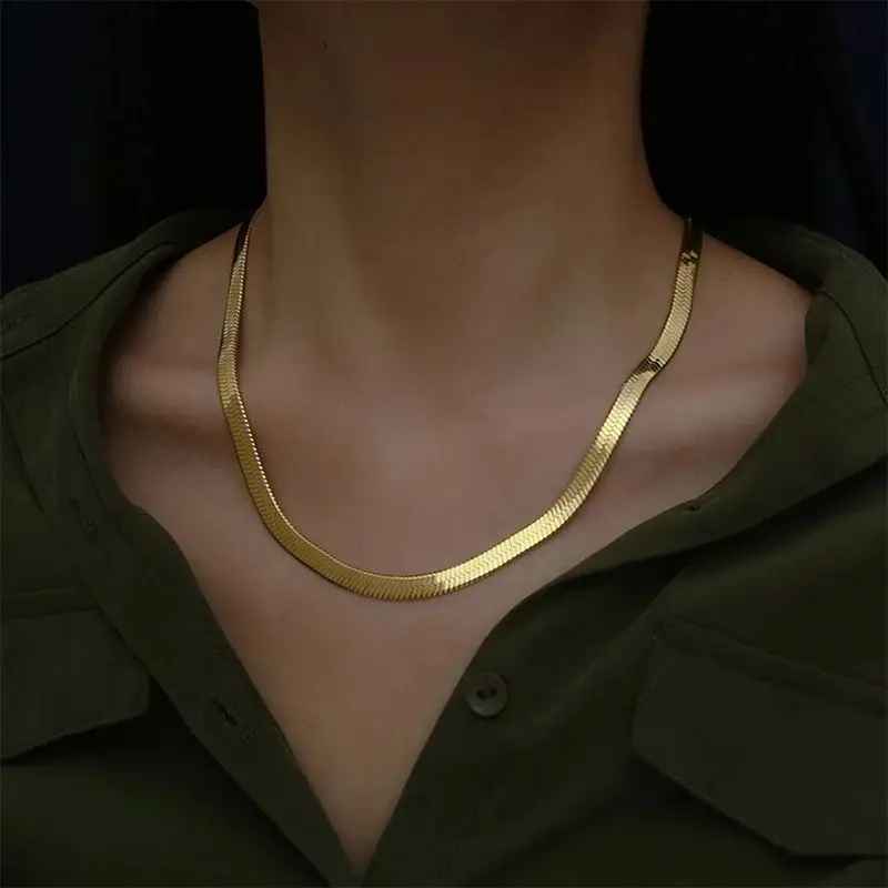 925 Sterling Silver 18K Gold Plated 4MM Flat Chain Necklace for Women – Luxury Choker Jewelry