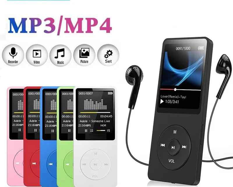 NVPONE MP3/MP4 player with earphones and color options on a white background